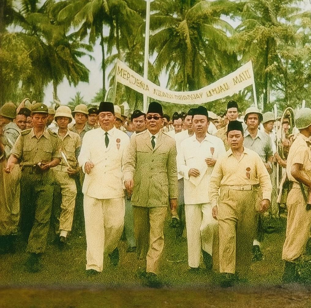 M. Hasyim Achmad (sebelah kiri Presiden Sukarno) saat mendampingi Presiden Sukarno dalam Rapat Akbar di Alun-alun Bekasi bersama Madmuin Hasibuan (paling kanan) dan Bupati Bekasi, Sampurno Kolopaking (baju putih berdasi) pada 8 April 1956. Foto : ist/restorasi
